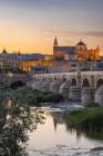 Sur District, Cordoba, Andalusia, Spain. Evening view of San Rafael Bridge and Cordoba Cathedral. Art Print